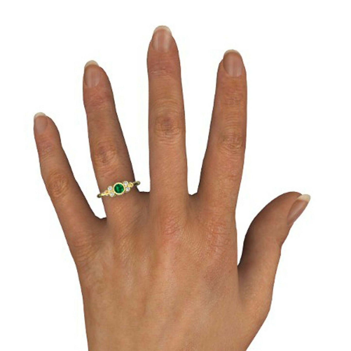 14k Yellow Gold Over Round Cut Green Emerald & Diamond Solitaire w/Accents Ring - atjewels.in