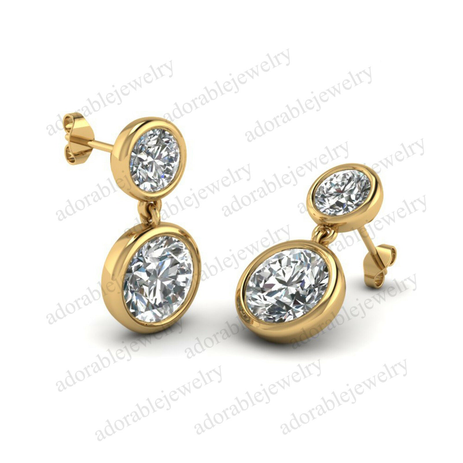 Round Cut Diamond 14k Yellow Gold FN Two -Stone Drop Dangle Engagement Earrings - atjewels.in