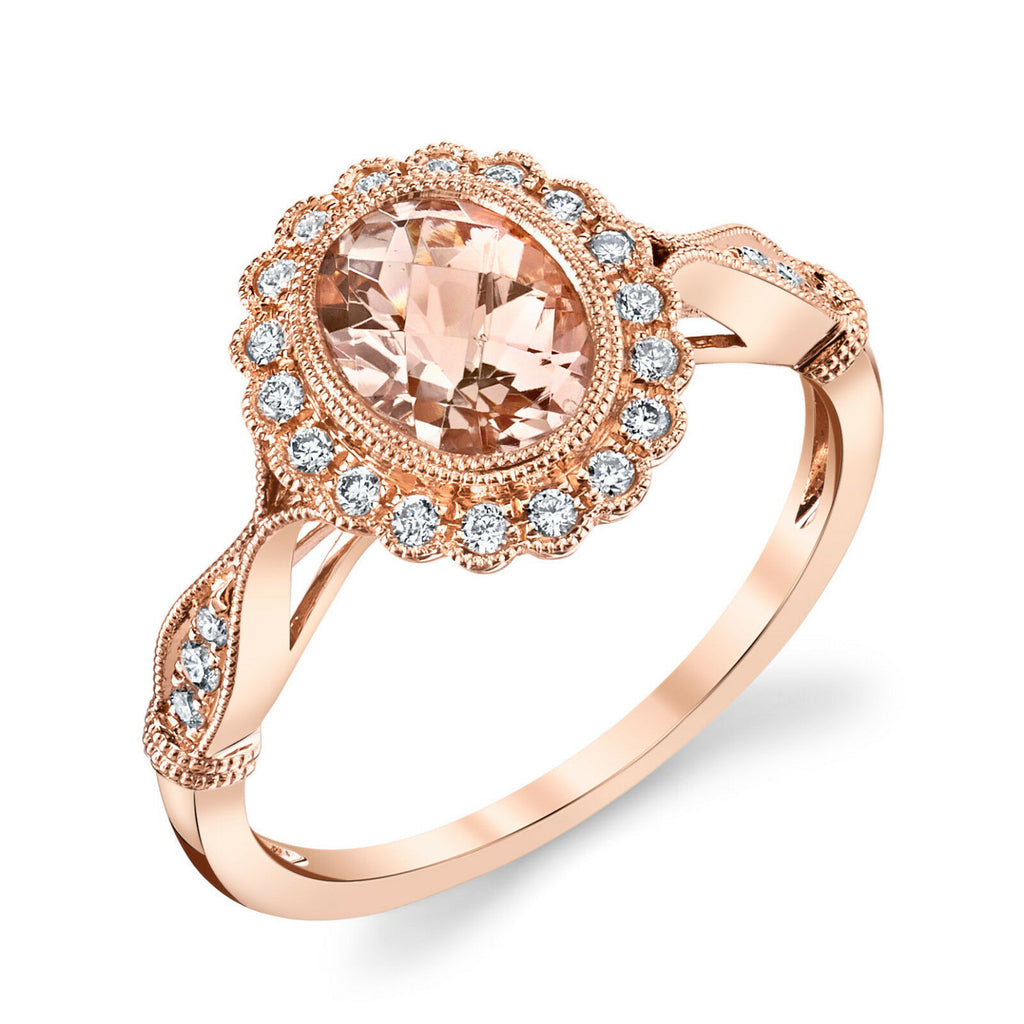 2 CT Oval Morganite & Diamond 14k Rose Gold Over Milgrain Engagement Halo Ring - atjewels.in