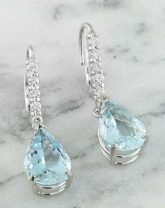 2 CT Pear Cut Aquamairne 14k White Gold Over Tear Drop Dangle Diamond Earrings - atjewels.in