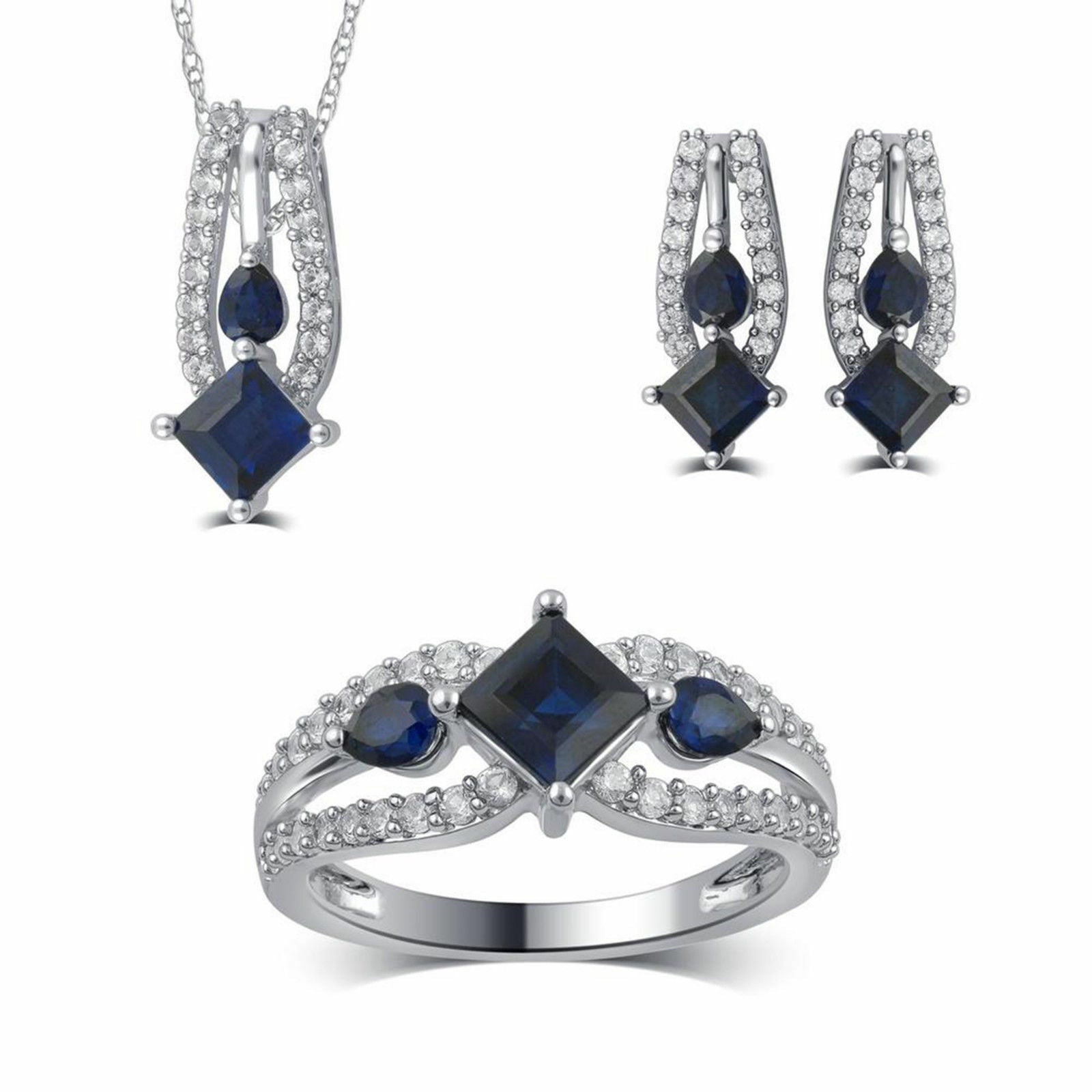 925 Sterling Silver Blue Sapphire & White CZ Pendant Earring Ring Jewelry Set - atjewels.in
