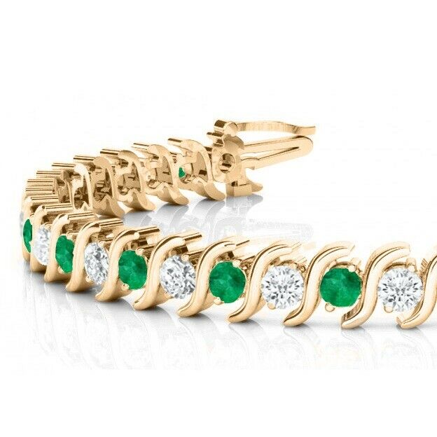 10CT Round Cut Emerald & Diamond 14K Yellow Gold Over 7'' Tennis Link Bracelet - atjewels.in
