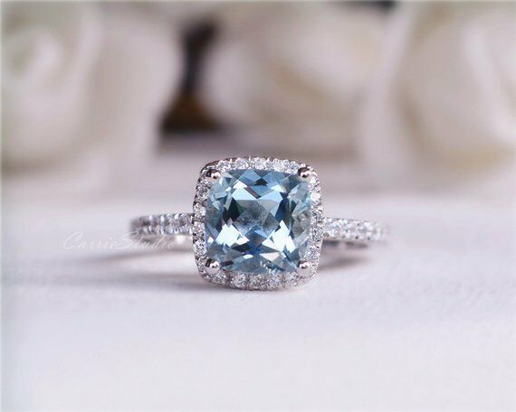 14k White Gold Over Cushion Cut Aquamarine & Diamond Halo EngagementWedding Ring - atjewels.in