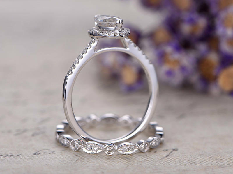 3 CT Marquise Cut Moissanite Halo Diamond 14k White Gold Over Bridal Ring Set - atjewels.in