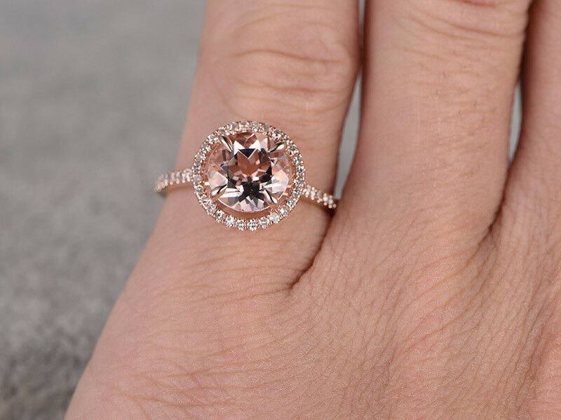 14k Rose  Gold Over 1 Ct Round Cut Pink Morganite & Diamond Halo Engagement Ring - atjewels.in