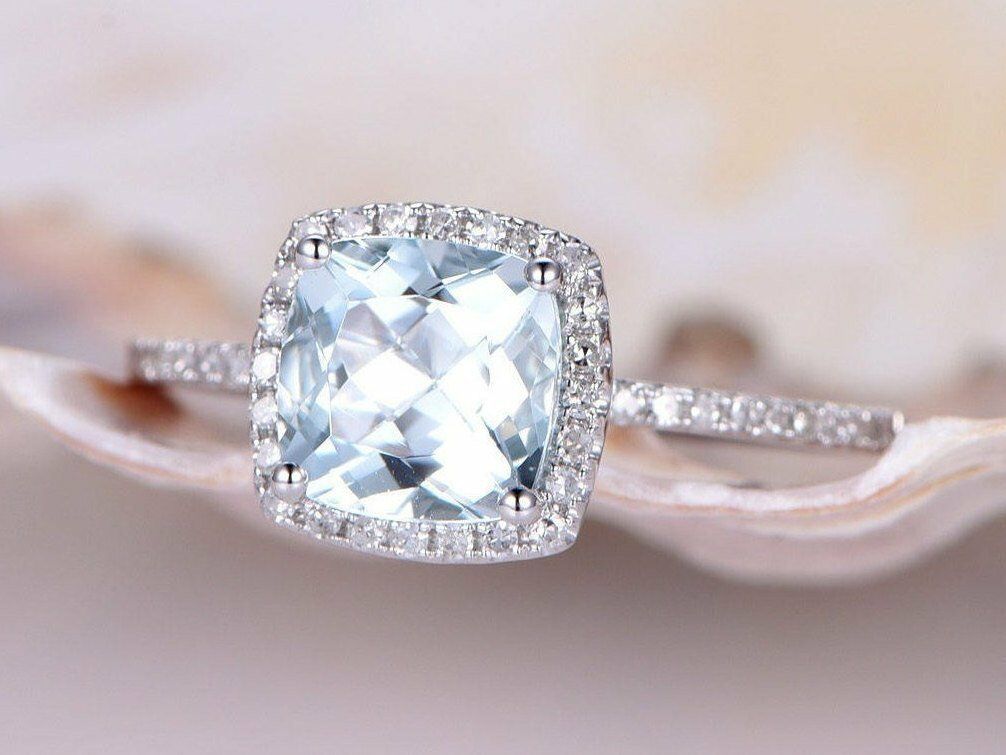 2 CT Cushion Cut Aquamarine 14k White Gold Over Diamond Halo Wedding Bridal Ring - atjewels.in