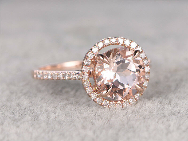 14k Rose  Gold Over 1 Ct Round Cut Pink Morganite & Diamond Halo Engagement Ring - atjewels.in