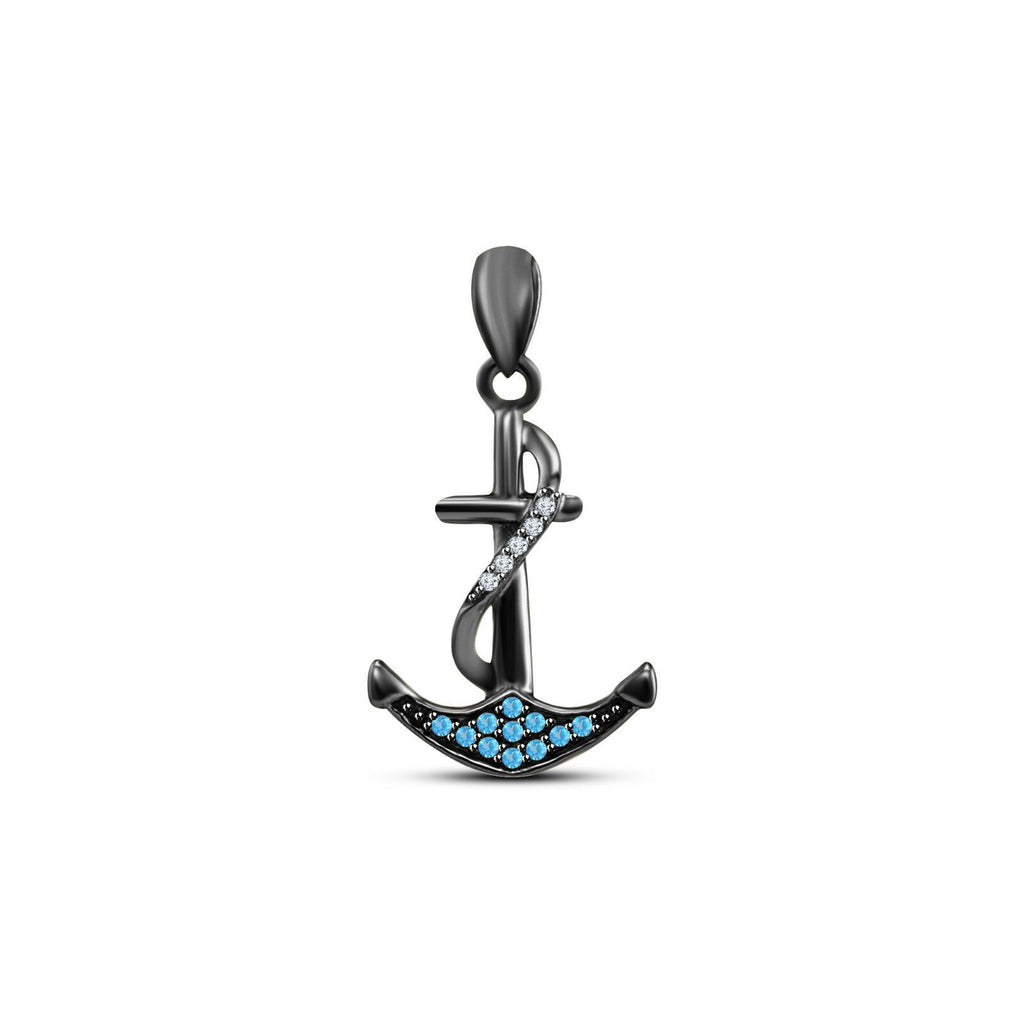 14k Black Gold Plated .925 Sterling Aquamarine & White CZ Anchor Unisex Pendant - atjewels.in