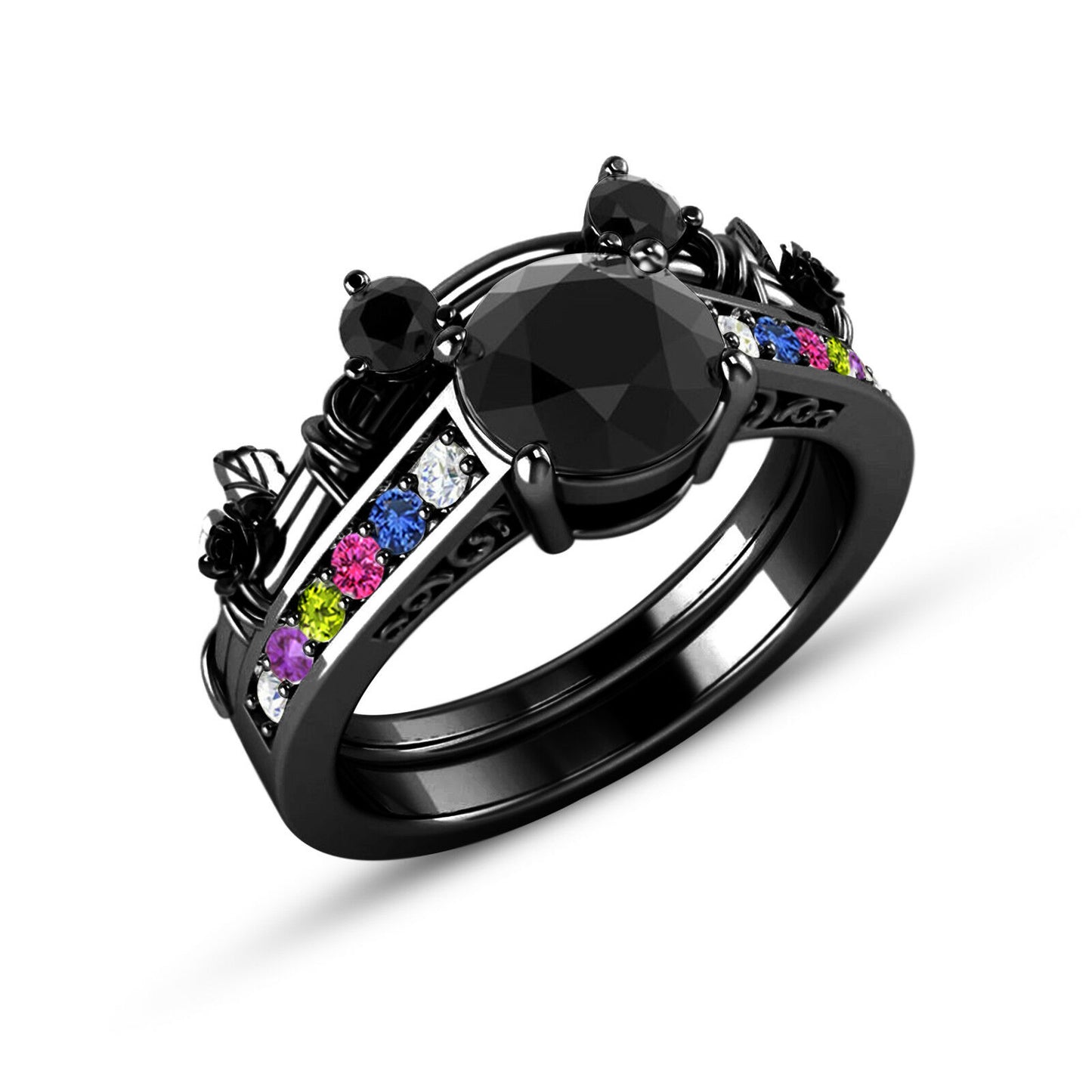 Round Cut Diamond 14k Black Gold Over On 925 Sterling Sliver Solitaire Mickey Mouse Wedding Bridal Ring