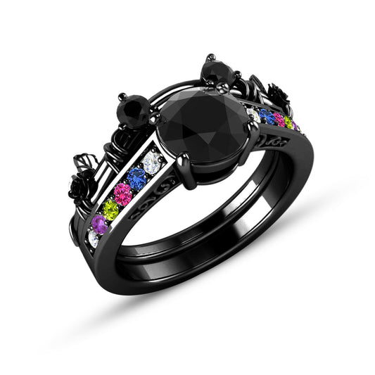 Round Cut Diamond 14k Black Gold Over On 925 Sterling Sliver Solitaire Mickey Mouse Wedding Bridal Ring