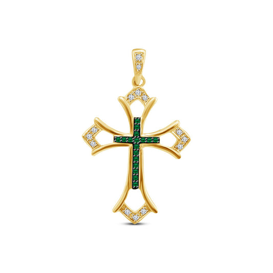 14k Yellow Gold Over 925 Sterling Round Green Emerald & White CZ Cross Pendant - atjewels.in