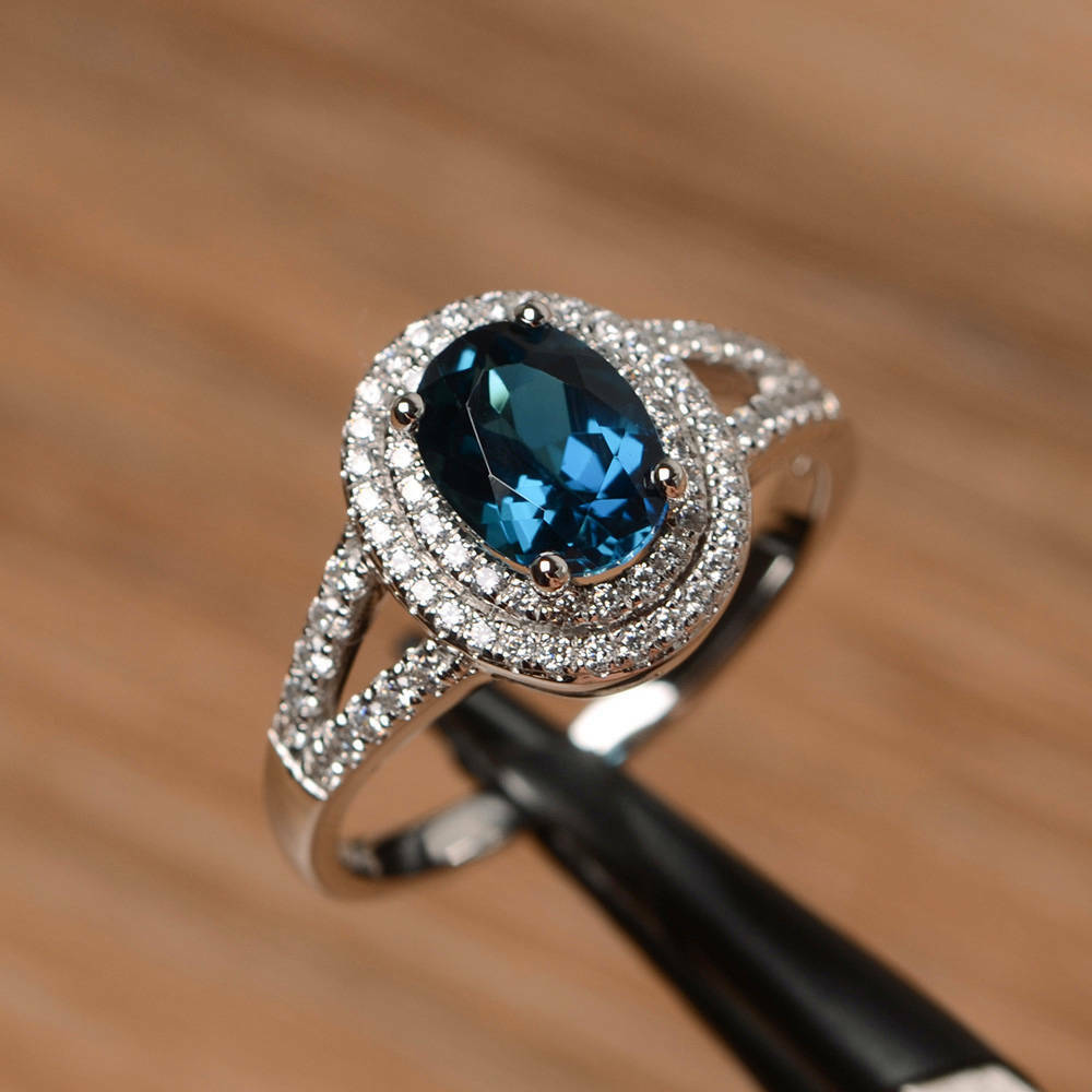 14k White Gold Over Oval Cut London Blue Topaz Split Shank Diamond Wedding Ring - atjewels.in