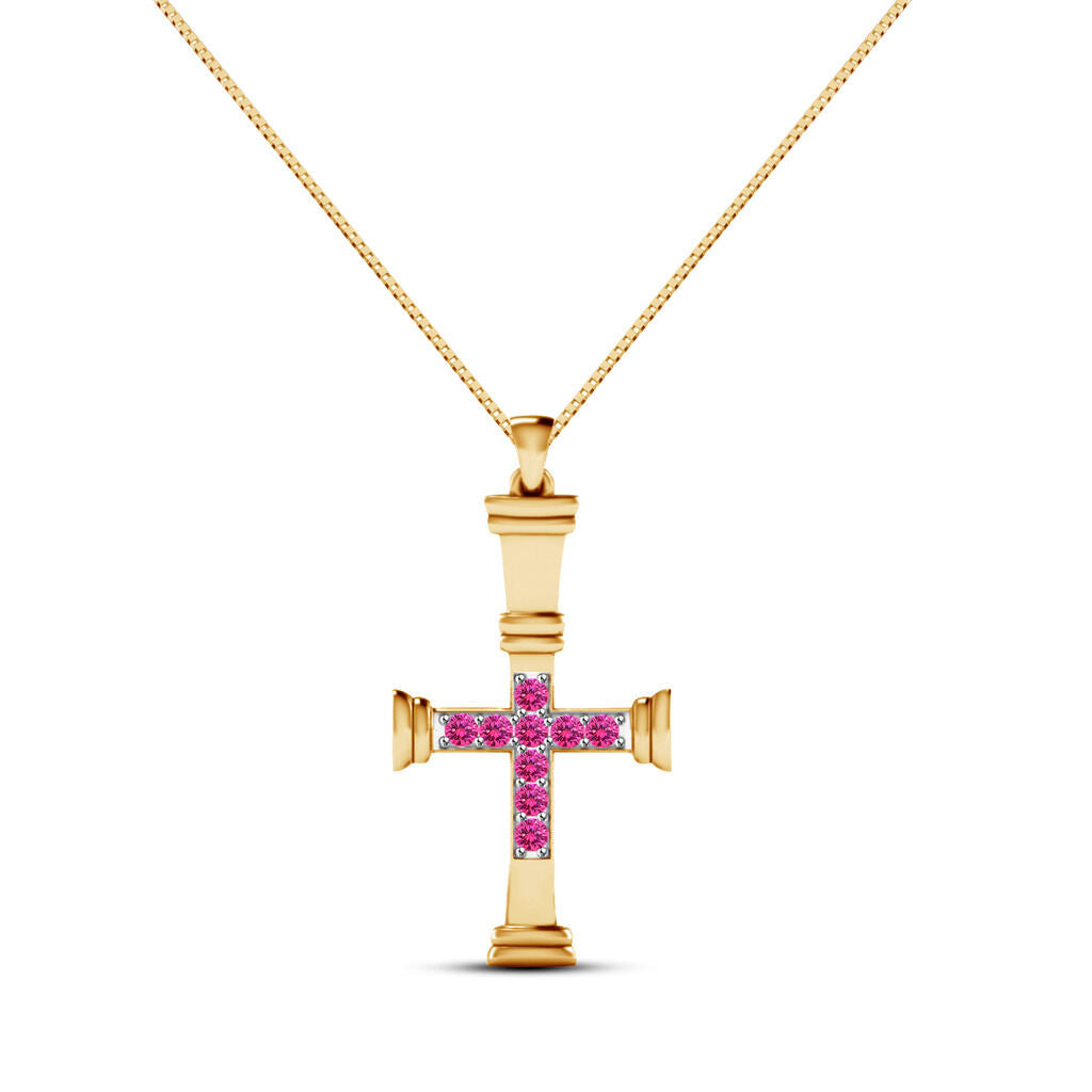 Round Cut Pink Sapphire Cross Pendant Yellow Gold Over 925 Sterling Silver - atjewels.in