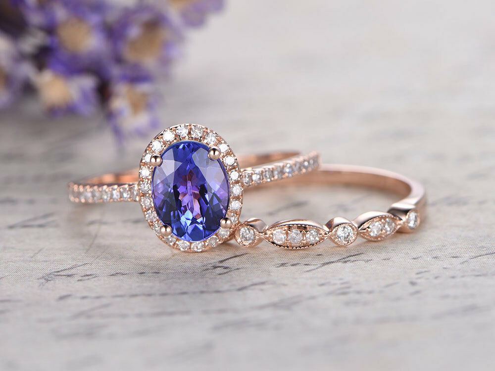CT Oval Cut Tanzanite Engagement Diamond 925 Sterling Sliver Wedding Ring Set