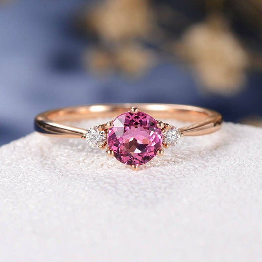 1/2 CT Round Cut Tourmaline 14k Rose Gold Over Diamond 3-Stone Anniversary Ring - atjewels.in