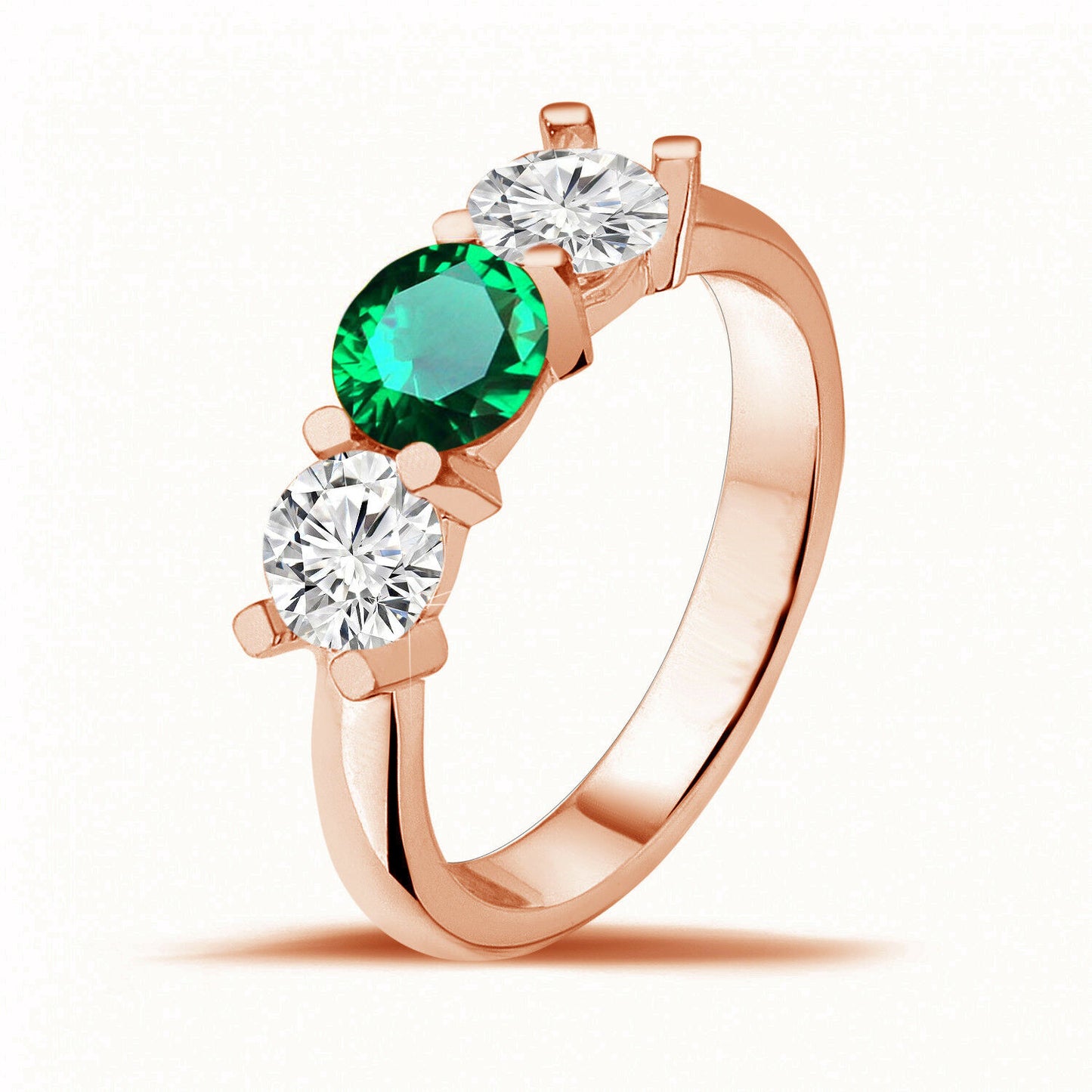 14k Rose Gold .925 Sterling Round Cut Emerald & White Diamond Three Stone Ring - atjewels.in