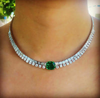 45CT Cushion Cut Emerald & Diamond 14k White Gold Over 2-Row Tennis 16" Necklace - atjewels.in