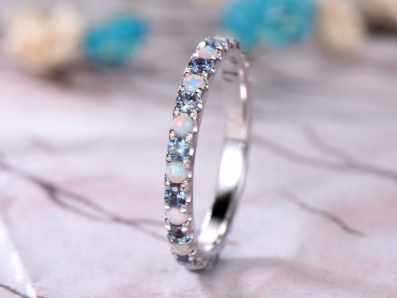 1.5 CT Round Cut Alexandrite Opal 14k White Gold Over Eternity Wedding Band Ring - atjewels.in