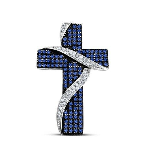 1CT Round Cut Blue Sapphire & Diamond 14k Black & White Gold Over Cross Pendant - atjewels.in