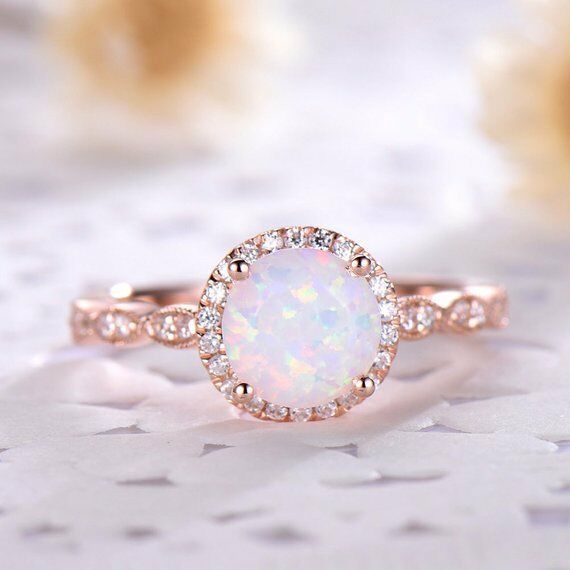 1CT Round Cut Opal & Diamond 14k Rose Gold Over Solitaire Engagement Womens Ring - atjewels.in