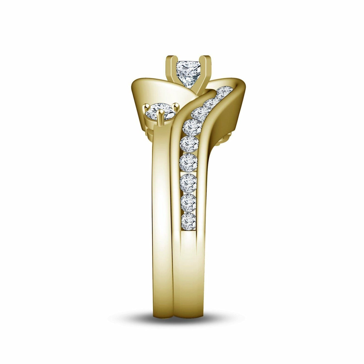 Round Cut Diamond 14k Yellow Gold Finish On 925 Sterling Silver Bridal Set Engagement Wedding Band Ring