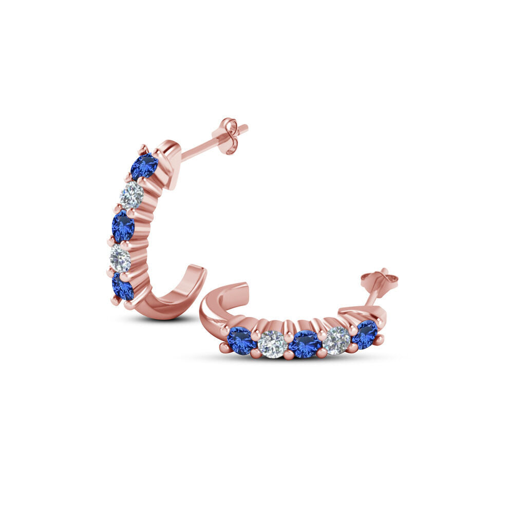 14K Rose Gold Over Round Cut Blue Sapphire & White Diamond J Shape Stud Earrings - atjewels.in