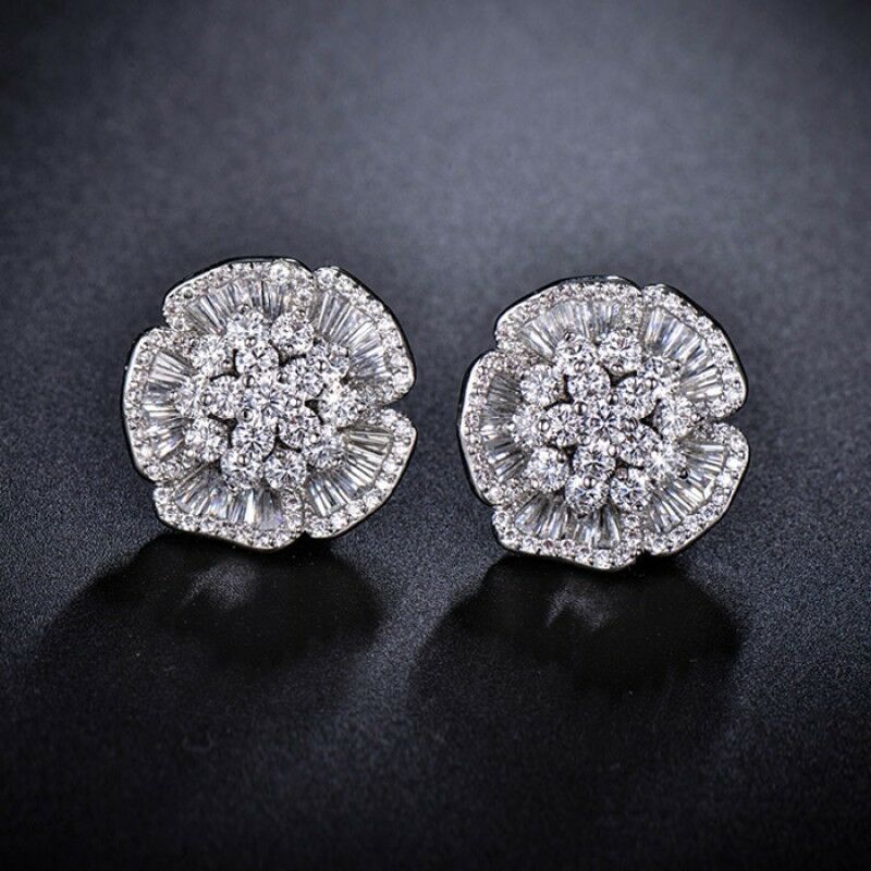 3 CT Round & Baguette Cut Diamond 14k White Gold FN Cluster Stud Womens Earrings - atjewels.in