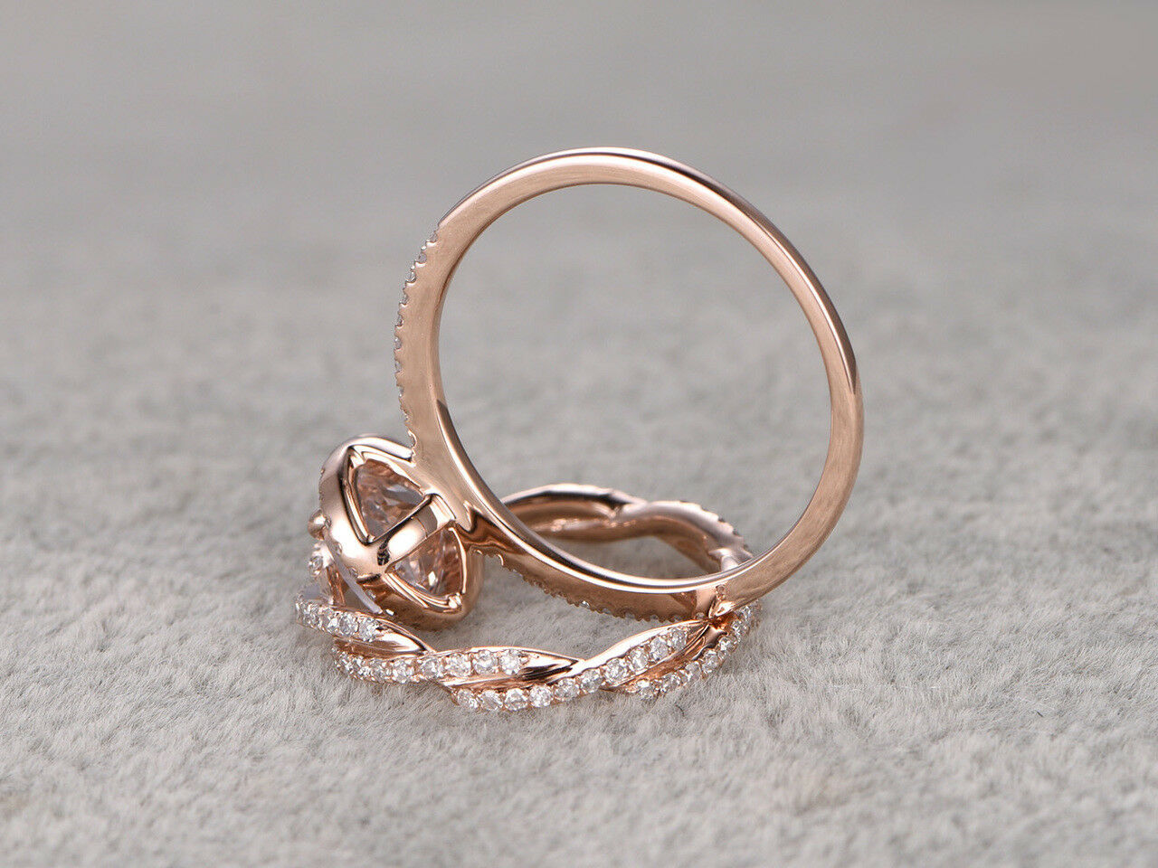 2CT Round Cut Morganite Diamond Twisted Wedding Bridal Ring Set 14k Rose Gold FN - atjewels.in