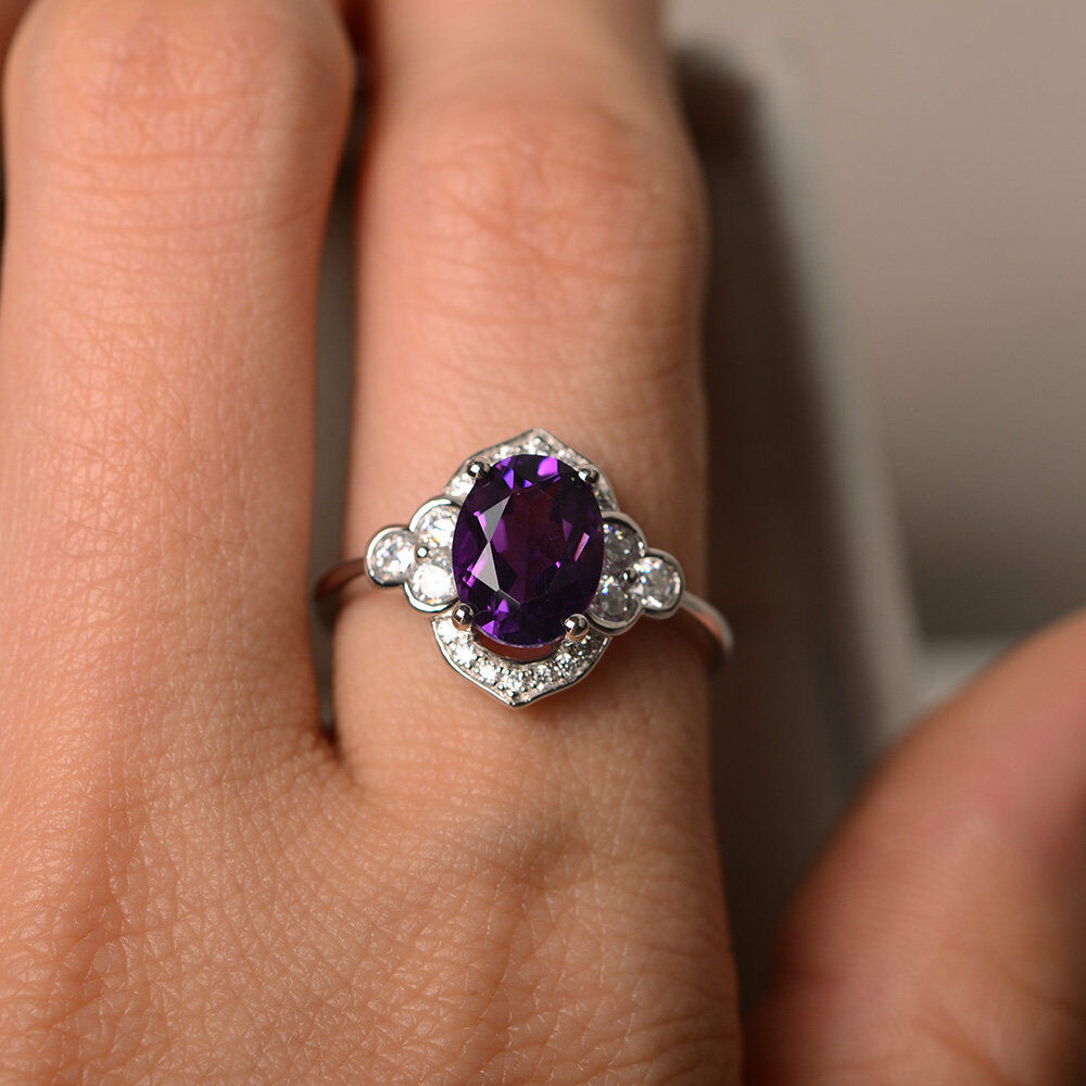 1.5 CT Oval Cut Amethyst 14k White Gold Over Halo Flower Engagement Diamond Ring - atjewels.in