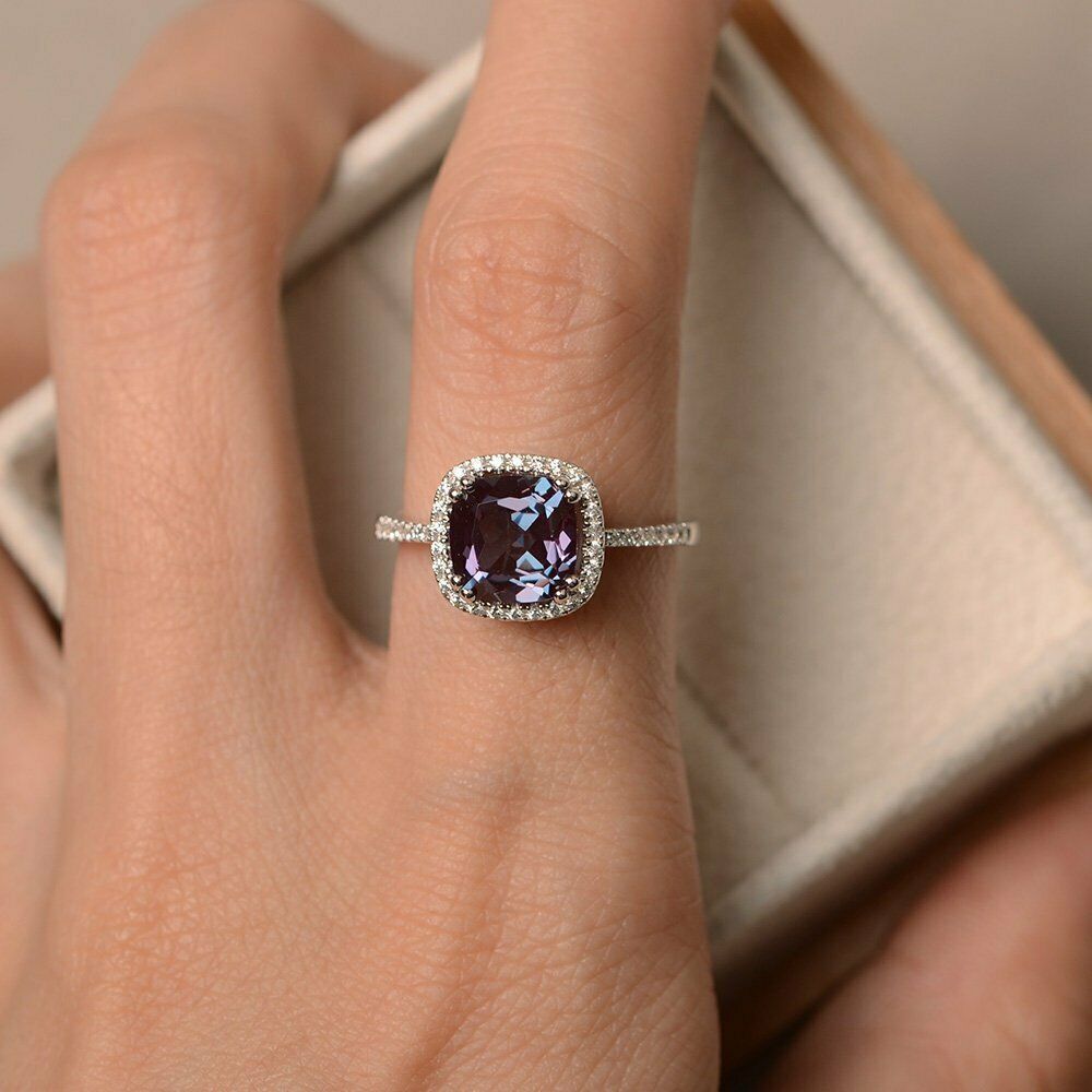 2 CT Cushion Cut Alexandrite 14k White Gold Over Halo Engagement Diamond Ring - atjewels.in