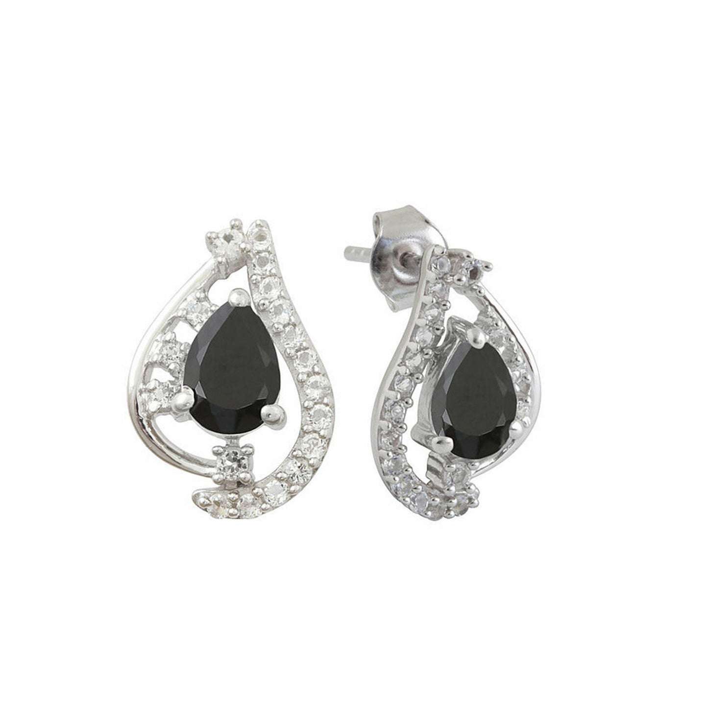 925 Sterling Silver Pear & Round Black & White CZ Pendant & Earrings Set - atjewels.in