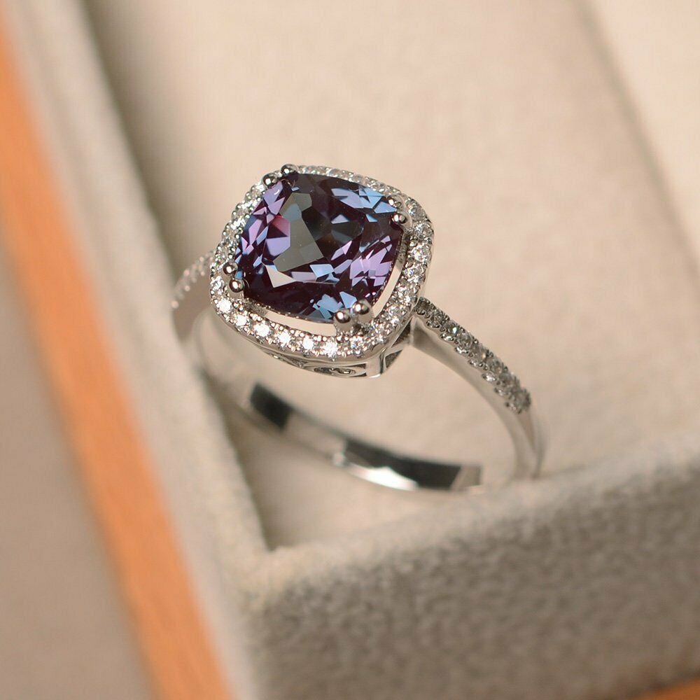 2 CT Cushion Cut Alexandrite 14k White Gold Over Halo Engagement Diamond Ring - atjewels.in