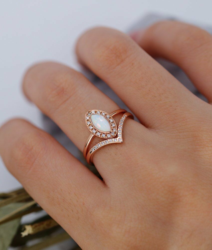 2CT Marquise Cut Fire Opal 14k Rose Gold Over Engagement Diamond Bridal Ring Set - atjewels.in