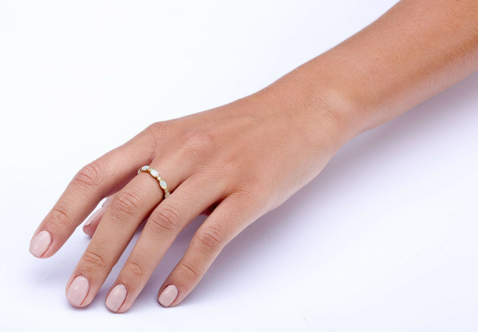 1.5 CT Oval Cut Australian Opal Eternity Wedding Band Ring 14k Yellow Gold Over - atjewels.in