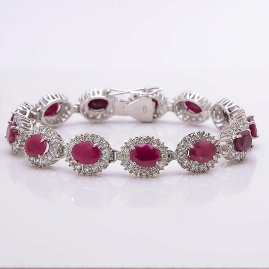 35 CT Oval Cut Red Ruby 14k White Gold Over Diamond Halo Link 8" Tennis Bracelet - atjewels.in