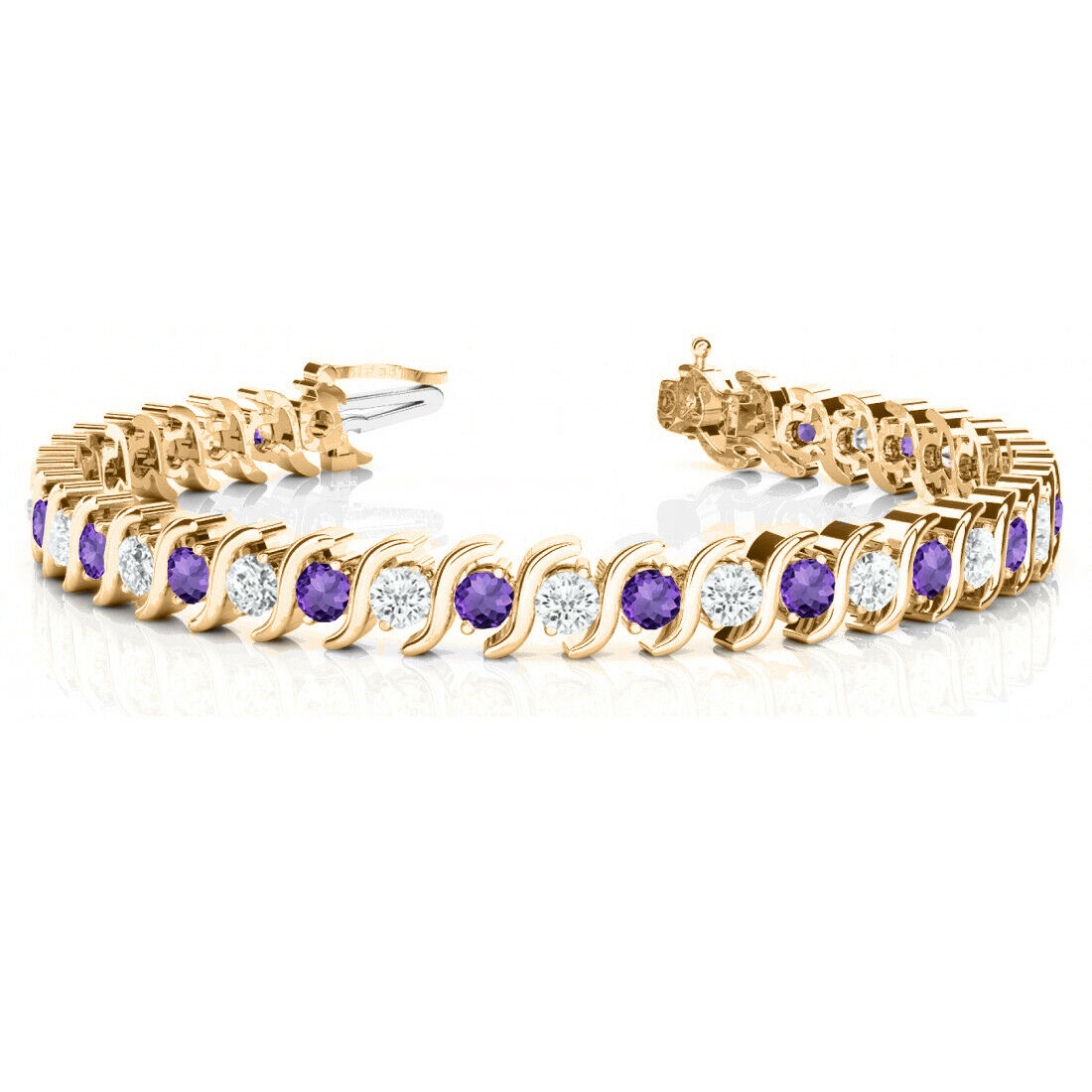 10CT Round Cut Amethyst & Diamond 14K Yellow Gold Over 7'' Tennis Link Bracelet - atjewels.in