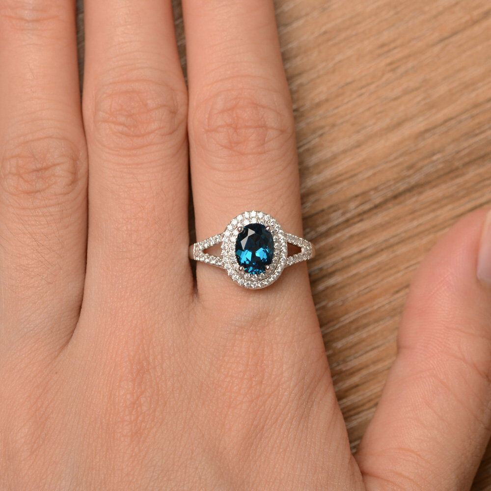 14k White Gold Over Oval Cut London Blue Topaz Split Shank Diamond Wedding Ring - atjewels.in