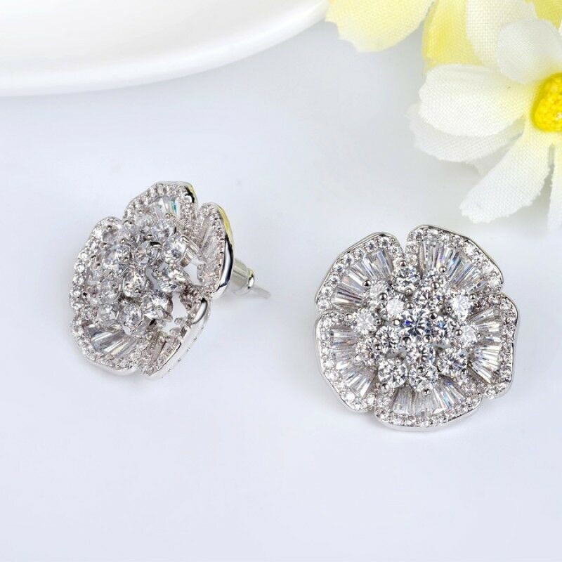 3 CT Round & Baguette Cut Diamond 14k White Gold FN Cluster Stud Womens Earrings - atjewels.in