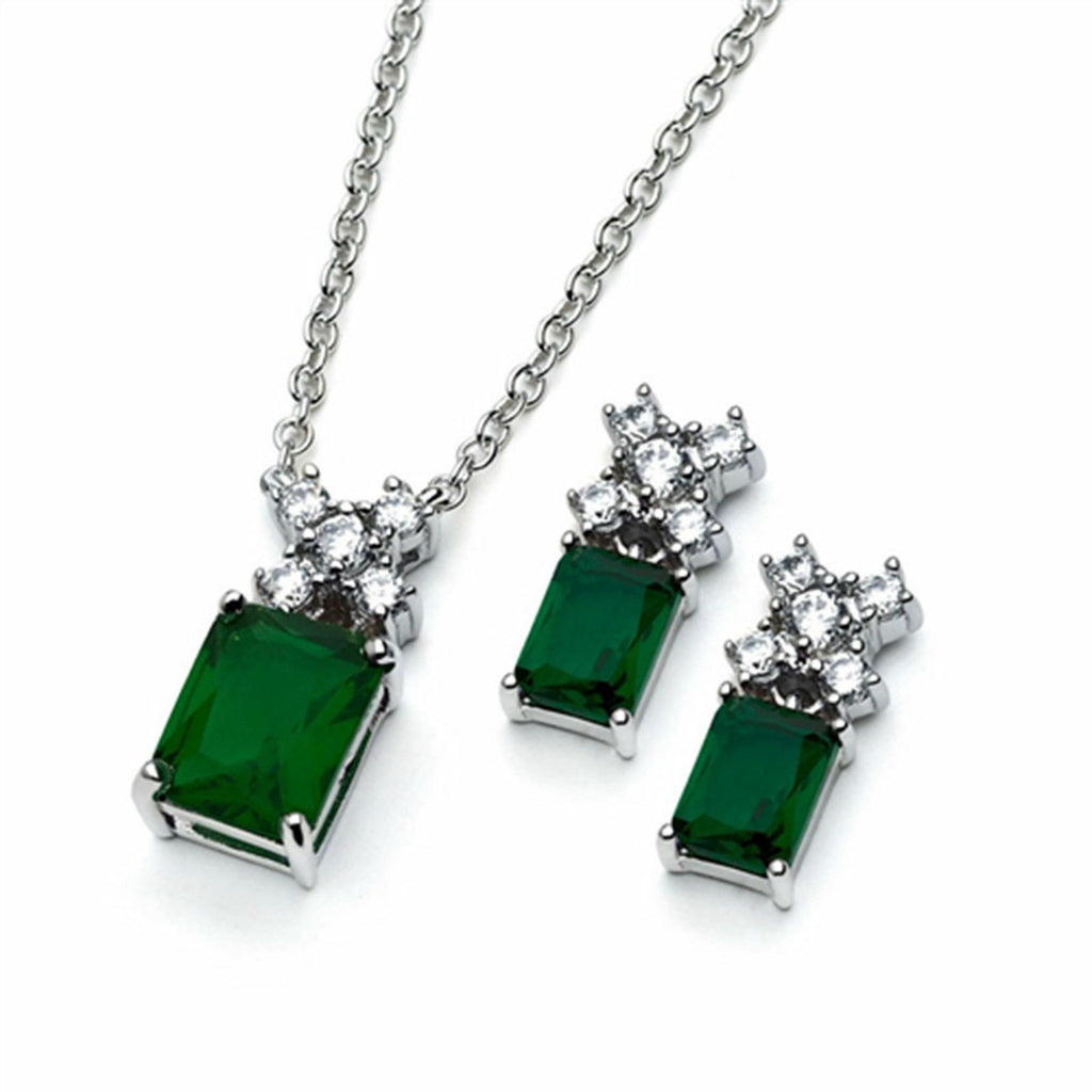Emerald Cut Round Diamond 14k White Gold Over Pendant & Earrings Engagement Set - atjewels.in