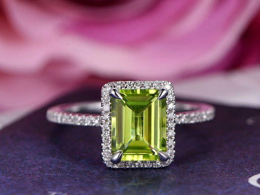 14k White Gold Over 2.5 CT Emerald Cut AAA Peridot Halo Diamond Engagement Ring - atjewels.in