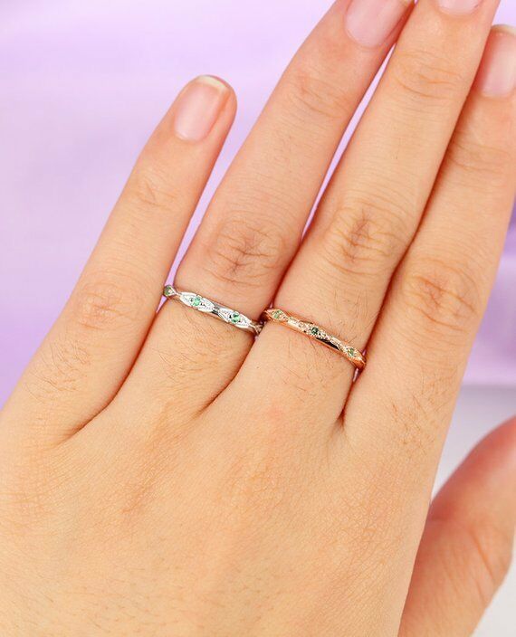 14k Rose Gold Over 0.35 CT Round Cut Green Emerald Wedding Anniversary Band Ring - atjewels.in