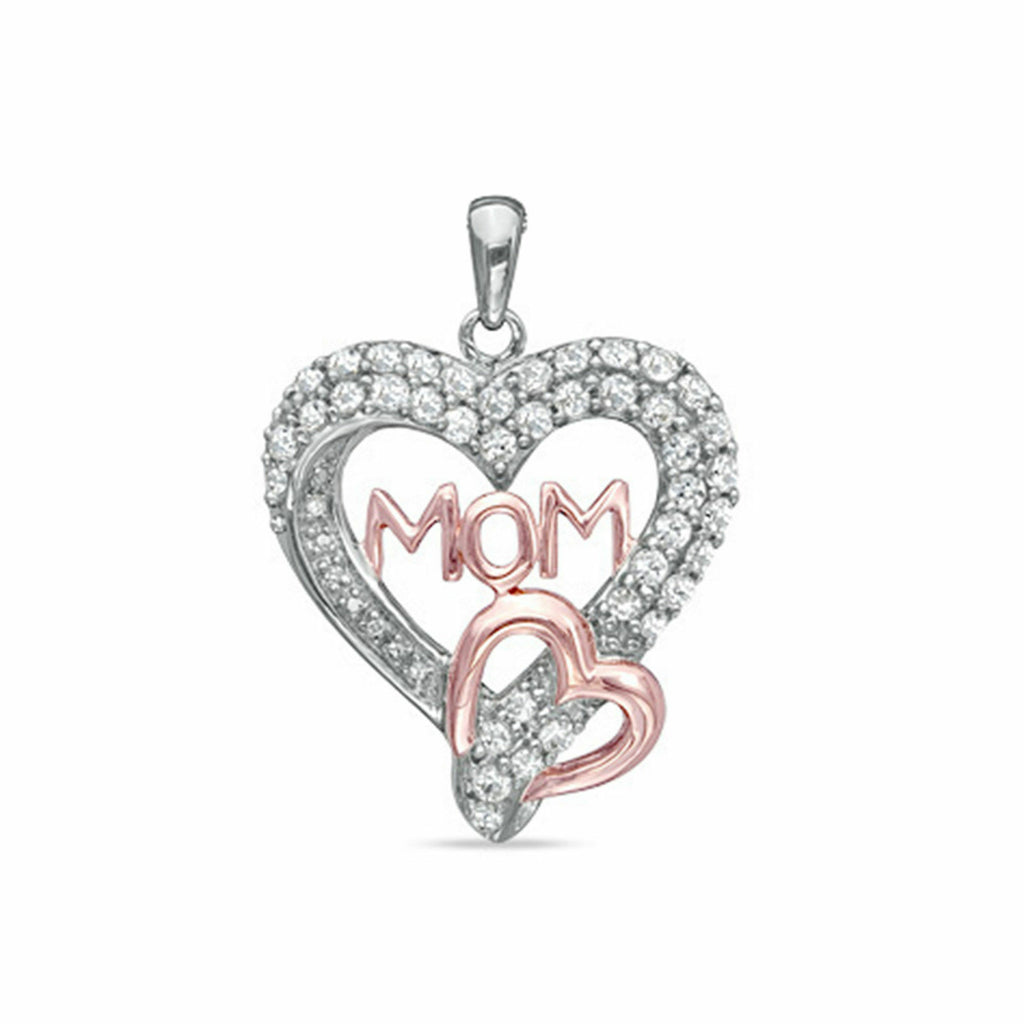 925 Sterling Silver Round Cut Diamond Mom & Double Heart Engagement Pendant