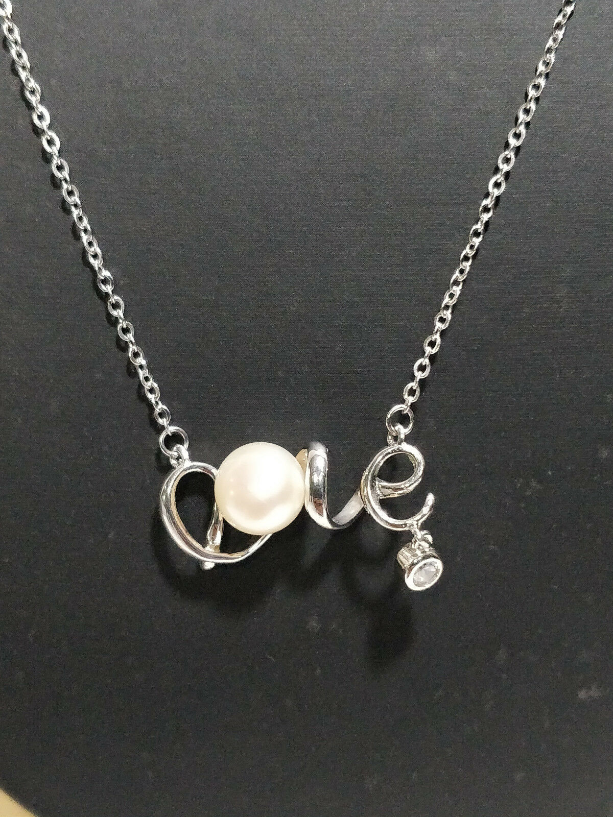 14k White Gold Over Round Cut Pearl & Diamond Tassel LOVE Pendant 16" Necklace - atjewels.in