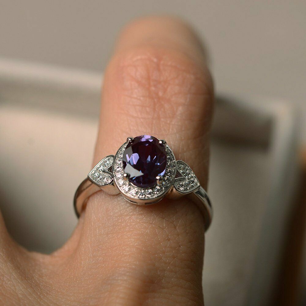 14k White Gold Over 2 CT Oval Cut Alexandrite & Diamond Halo Promise Heart Ring - atjewels.in