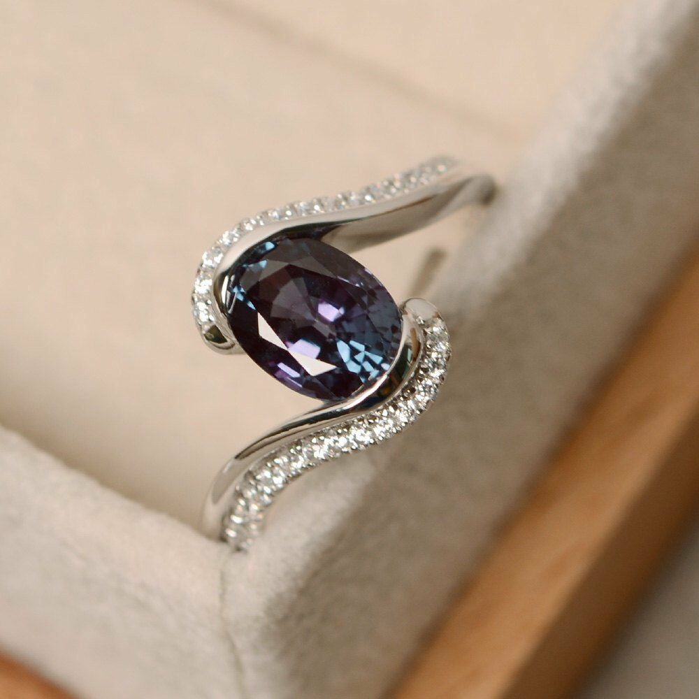 14k Solid White Gold Over 2CT Oval Cut Alexandrite Diamond Solitaire Bypass Ring - atjewels.in