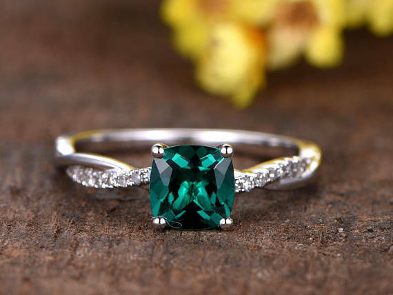 14k White Gold Over Princess Cut Emerald & Diamond Split Shank Engagement Ring - atjewels.in