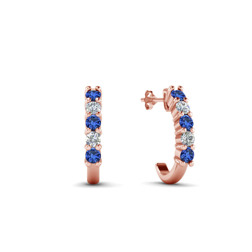 14K Rose Gold Over Round Cut Blue Sapphire & White Diamond J Shape Stud Earrings - atjewels.in