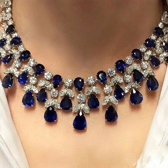 14k White Gold Over Pear Cut Blue Sapphire & Diamond Tear Drop Wedding Necklace - atjewels.in
