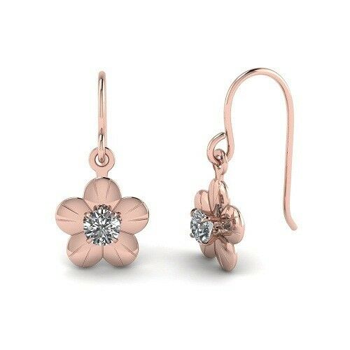 14K Rose Gold Over 0.10CT Round Cut White Diamond Cute Flower Dangle Earrings - atjewels.in