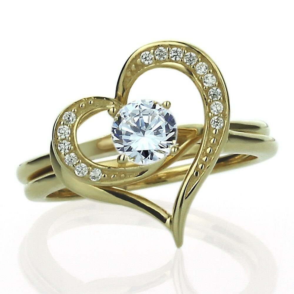 1/2 Ct 14K Yellow Gold Over Round Diamond Band Heart Engagement Ring Bridal Set - atjewels.in